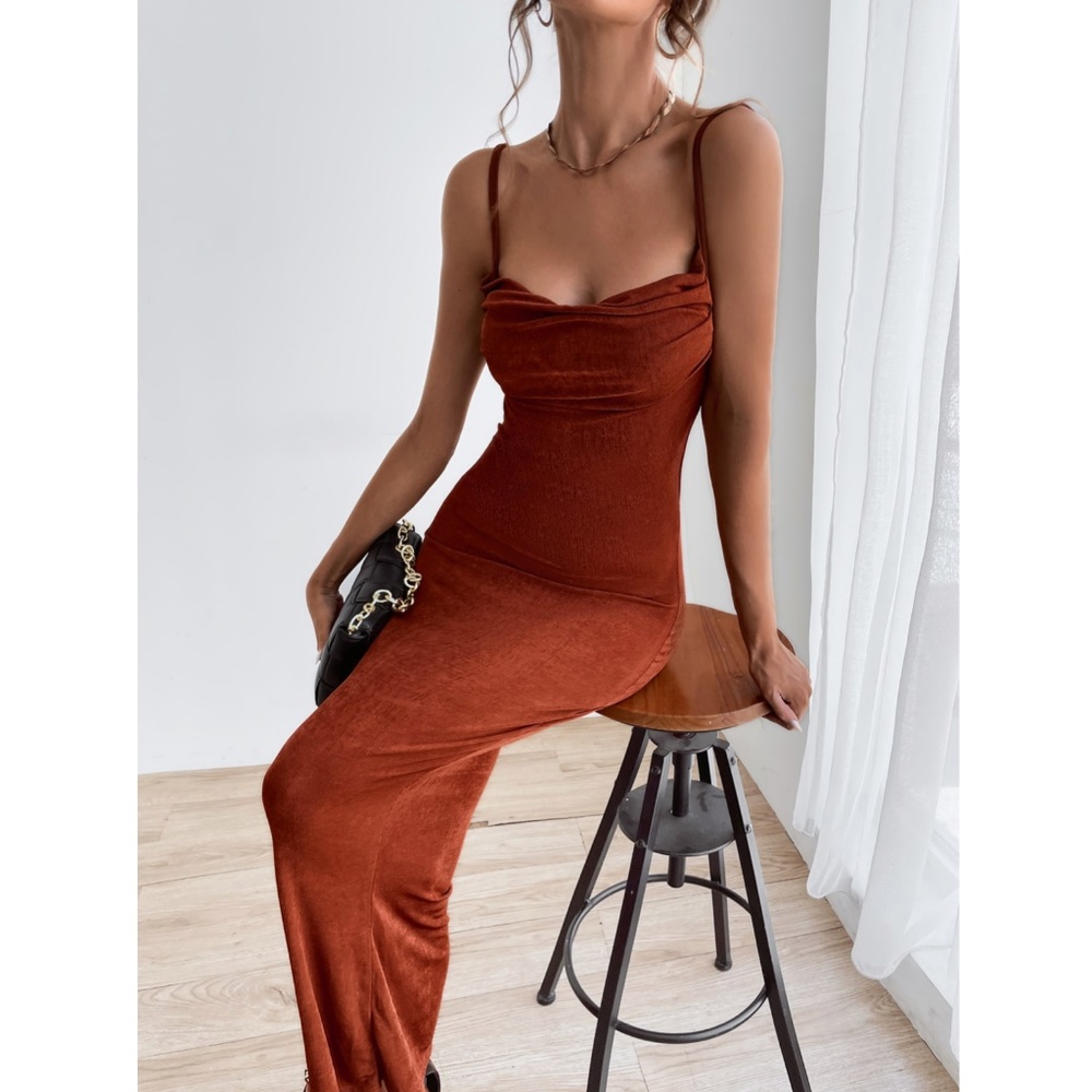 Backless Rust Brown Cowl Neck Long Slim Dress - Picture 3 of 11